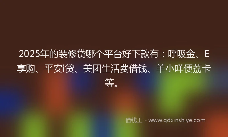 2025年的装修贷哪个平台好下款有：呼吸金、E享购、平安i贷、美团生活费借钱、羊小咩便荔卡等。