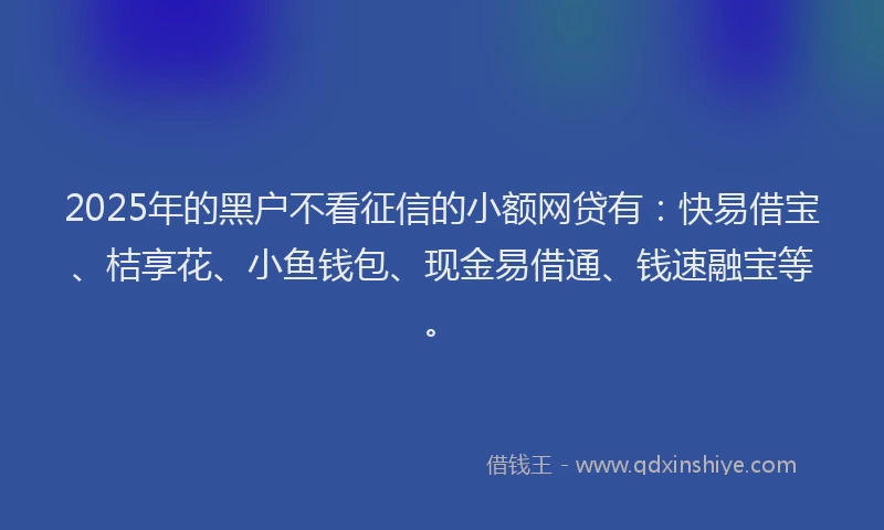 2025年的黑户不看征信的小额网贷有：快易借宝、桔享花、小鱼钱包、现金易借通、钱速融宝等。