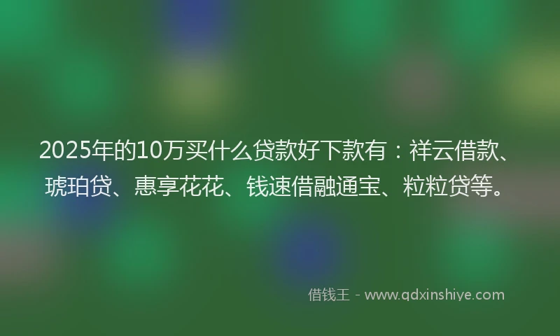 2025年的10万买什么贷款好下款有：祥云借款、琥珀贷、惠享花花、钱速借融通宝、粒粒贷等。