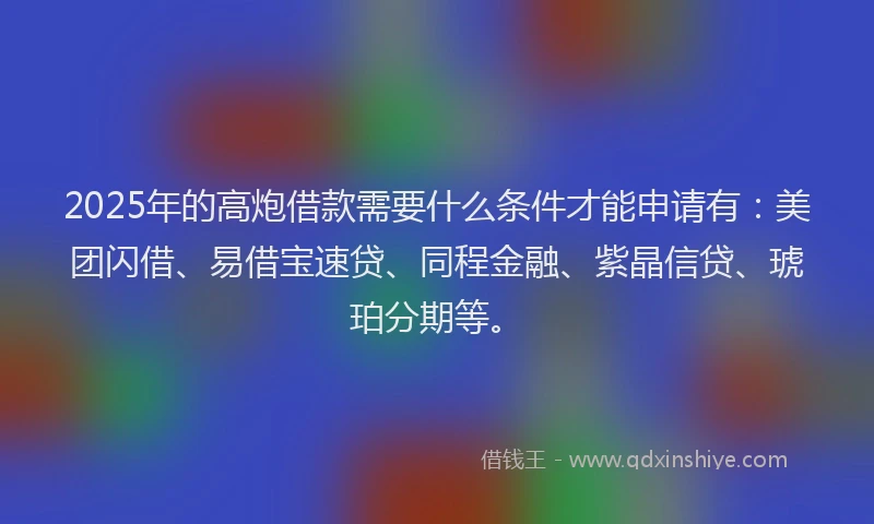 2025年的高炮借款需要什么条件才能申请有：美团闪借、易借宝速贷、同程金融、紫晶信贷、琥珀分期等。