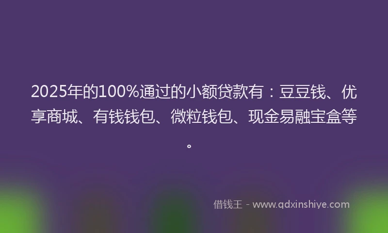 2025年的100%通过的小额贷款有:豆豆钱、优享商城、有钱钱包、微粒钱包、现金易融宝盒等。