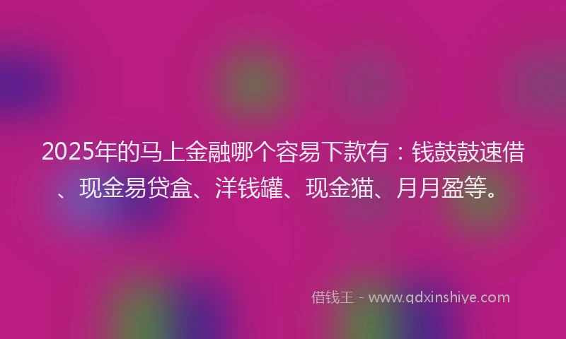 2025年的马上金融哪个容易下款有：钱鼓鼓速借、现金易贷盒、洋钱罐、现金猫、月月盈等。