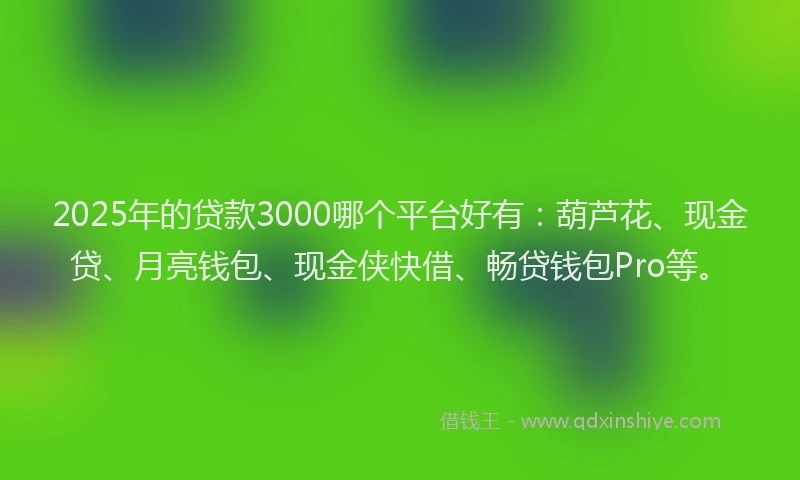 2025年的贷款3000哪个平台好有：葫芦花、现金贷、月亮钱包、现金侠快借、畅贷钱包Pro等。