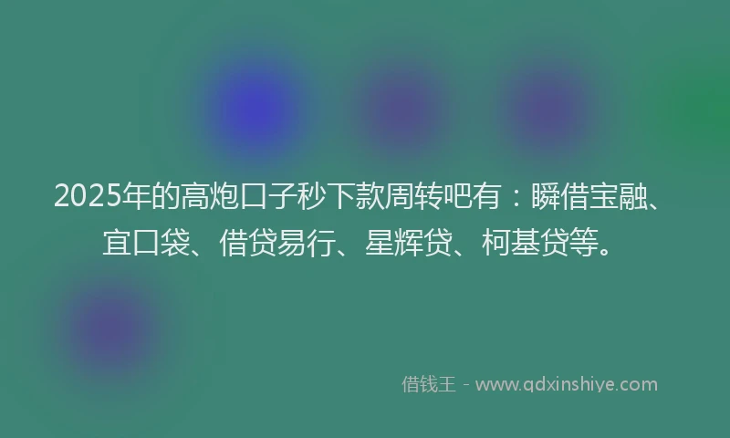 2025年的高炮口子秒下款周转吧有：瞬借宝融、宜口袋、借贷易行、星辉贷、柯基贷等。
