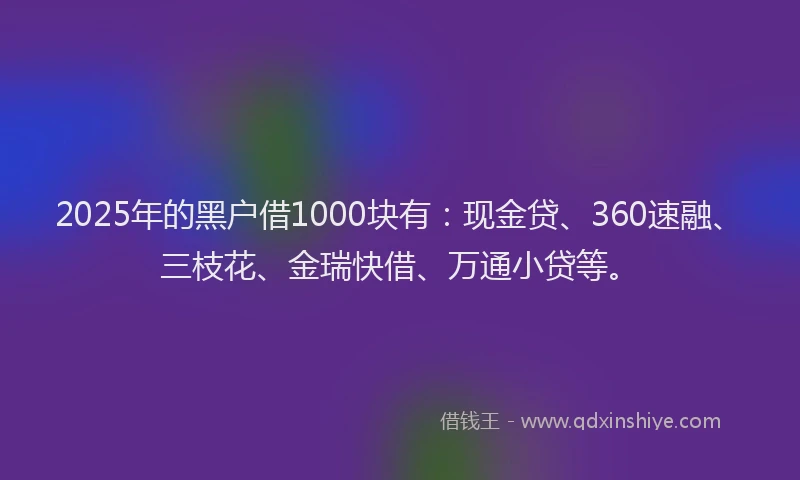 2025年的黑户借1000块有：现金贷、360速融、三枝花、金瑞快借、万通小贷等。
