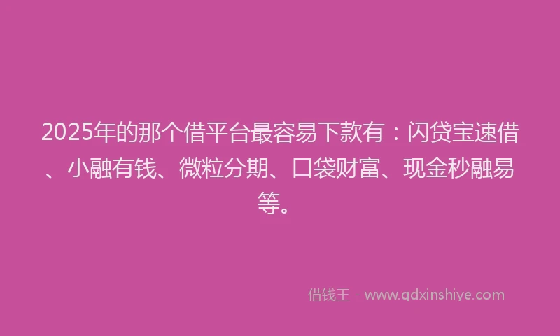 2025年的那个借平台最容易下款有：闪贷宝速借、小融有钱、微粒分期、口袋财富、现金秒融易等。