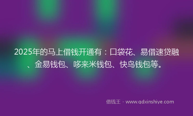 2025年的马上借钱开通有：口袋花、易借速贷融、金易钱包、哆来米钱包、快鸟钱包等。
