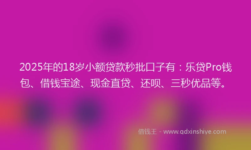 2025年的18岁小额贷款秒批口子有：乐贷Pro钱包、借钱宝途、现金直贷、还呗、三秒优品等。