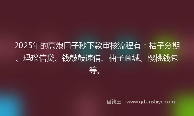 2025年的高炮口子秒下款审核流程有：桔子分期、玛瑙信贷、钱鼓鼓速借、柚子商城、樱桃钱包等。