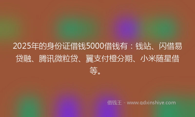 2025年的身份证借钱5000借钱有：钱站、闪借易贷融、腾讯微粒贷、翼支付橙分期、小米随星借等。