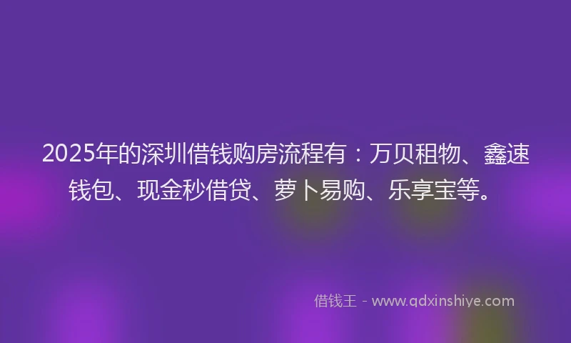 2025年的深圳借钱购房流程有：万贝租物、鑫速钱包、现金秒借贷、萝卜易购、乐享宝等。