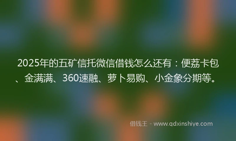 2025年的五矿信托微信借钱怎么还有：便荔卡包、金满满、360速融、萝卜易购、小金象分期等。