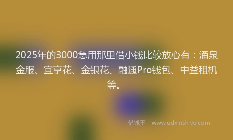2025年的3000急用那里借小钱比较放心有：涌泉金服、宜享花、金银花、融通Pro钱包、中益租机等。
