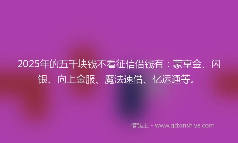 2025年的五千块钱不看征信借钱有：蒙享金、闪银、向上金服、魔法速借、亿运通等。