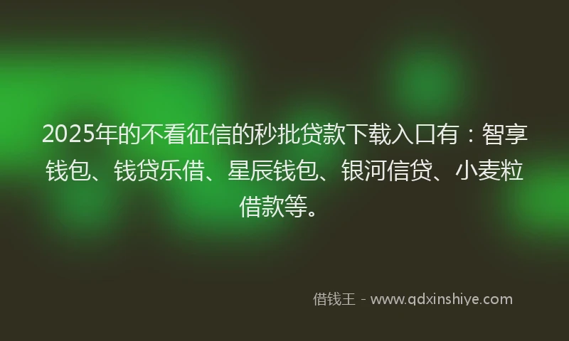 2025年的不看征信的秒批贷款下载入口有：智享钱包、钱贷乐借、星辰钱包、银河信贷、小麦粒借款等。