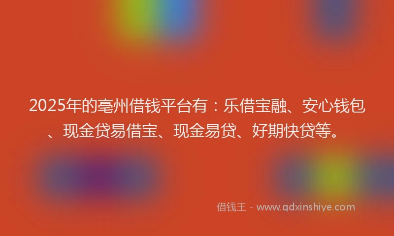 2025年的亳州借钱平台有：乐借宝融、安心钱包、现金贷易借宝、现金易贷、好期快贷等。