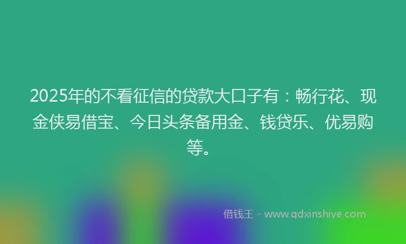 2025年的不看征信的贷款大口子有：畅行花、现金侠易借宝、今日头条备用金、钱贷乐、优易购等。