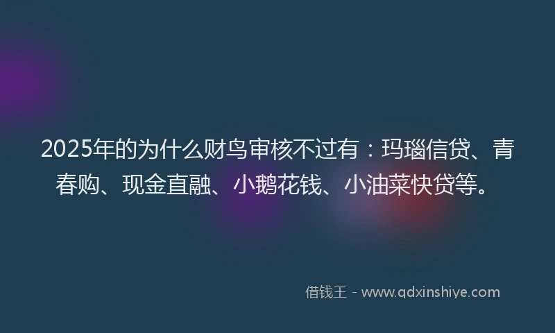 2025年的为什么财鸟审核不过有：玛瑙信贷、青春购、现金直融、小鹅花钱、小油菜快贷等。