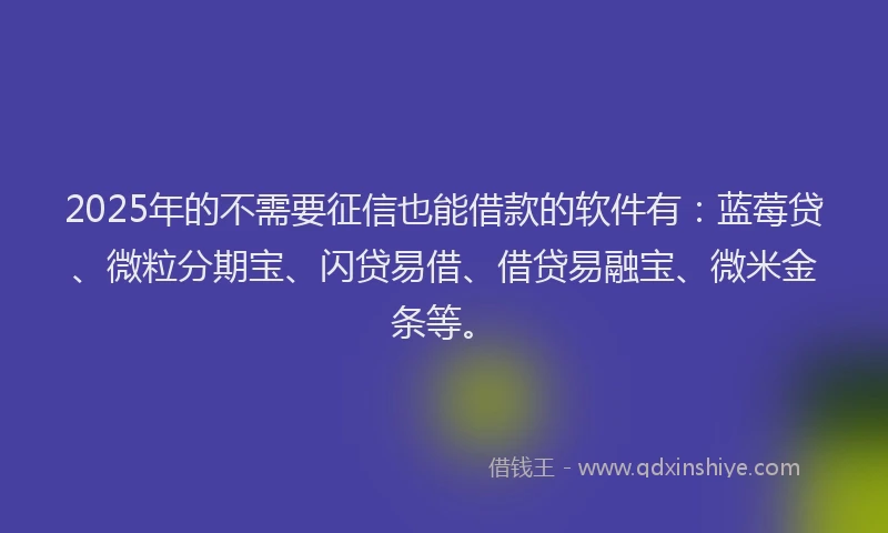 2025年的不需要征信也能借款的软件有：蓝莓贷、微粒分期宝、闪贷易借、借贷易融宝、微米金条等。