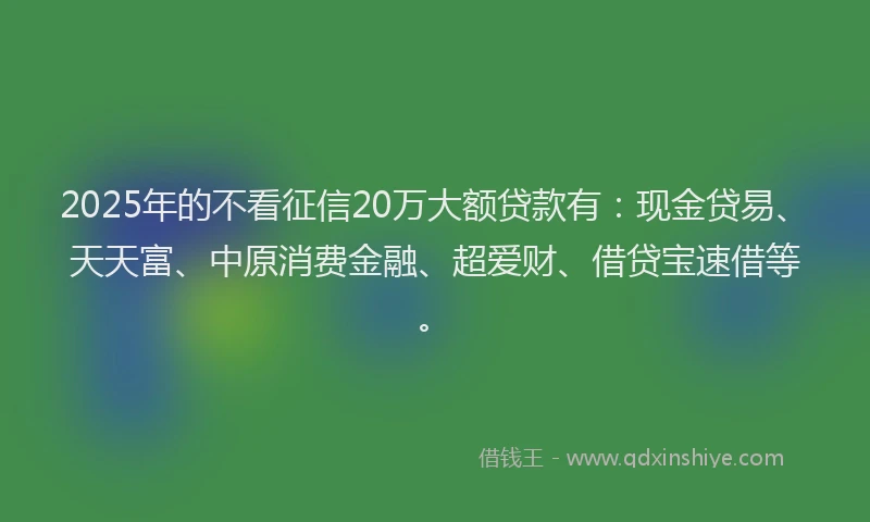 2025年的不看征信20万大额贷款有：现金贷易、天天富、中原消费金融、超爱财、借贷宝速借等。