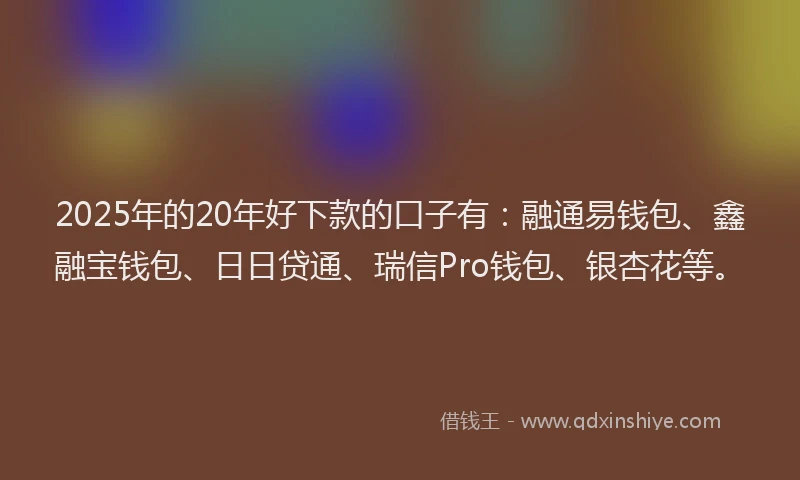 2025年的20年好下款的口子有：融通易钱包、鑫融宝钱包、日日贷通、瑞信Pro钱包、银杏花等。