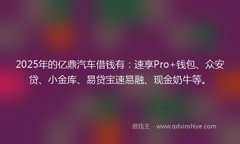2025年的亿鼎汽车借钱有：速享Pro+钱包、众安贷、小金库、易贷宝速易融、现金奶牛等。