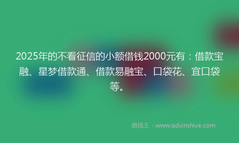 2025年的不看征信的小额借钱2000元有：借款宝融、星梦借款通、借款易融宝、口袋花、宜口袋等。