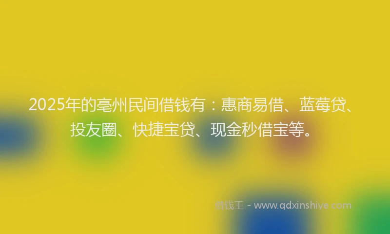 2025年的亳州民间借钱有：惠商易借、蓝莓贷、投友圈、快捷宝贷、现金秒借宝等。