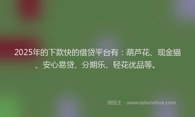 2025年的下款快的借贷平台有：葫芦花、现金猫、安心易贷、分期乐、轻花优品等。