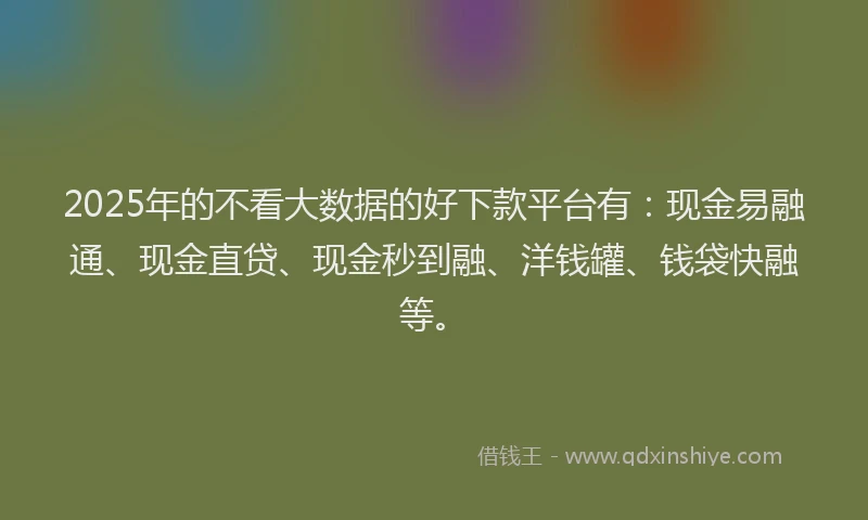 2025年的不看大数据的好下款平台有：现金易融通、现金直贷、现金秒到融、洋钱罐、钱袋快融等。
