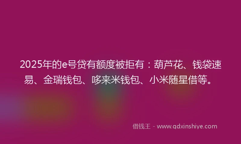 2025年的e号贷有额度被拒有：葫芦花、钱袋速易、金瑞钱包、哆来米钱包、小米随星借等。