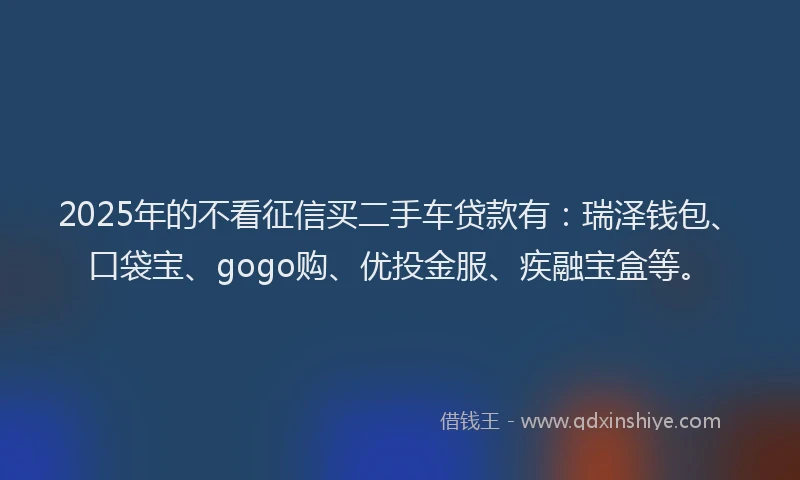 2025年的不看征信买二手车贷款有：瑞泽钱包、口袋宝、gogo购、优投金服、疾融宝盒等。
