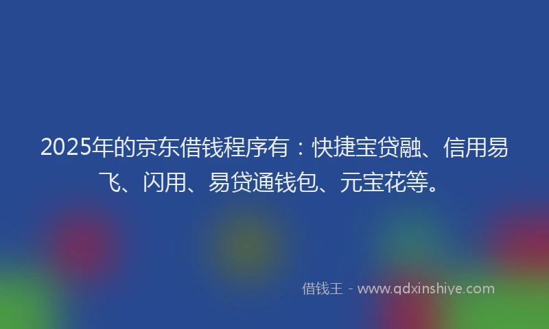 2025年的京东借钱程序有：快捷宝贷融、信用易飞、闪用、易贷通钱包、元宝花等。