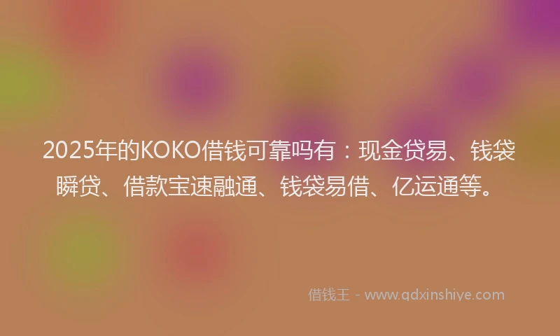 2025年的KOKO借钱可靠吗有：现金贷易、钱袋瞬贷、借款宝速融通、钱袋易借、亿运通等。