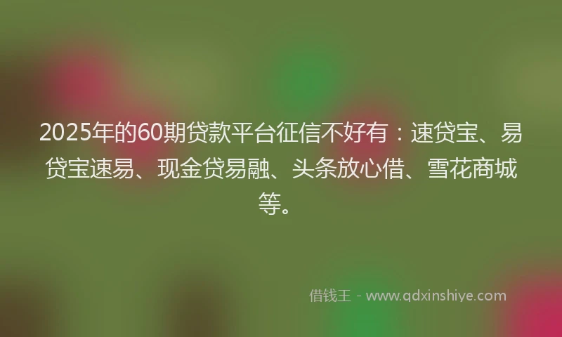 2025年的60期贷款平台征信不好有：速贷宝、易贷宝速易、现金贷易融、头条放心借、雪花商城等。