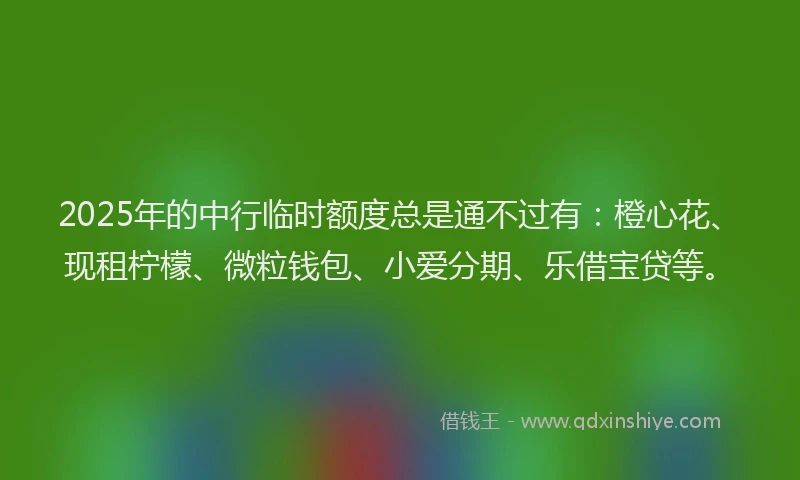 2025年的中行临时额度总是通不过有：橙心花、现租柠檬、微粒钱包、小爱分期、乐借宝贷等。