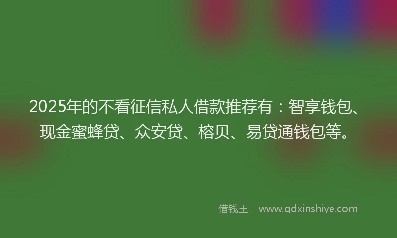 2025年的不看征信私人借款推荐有：智享钱包、现金蜜蜂贷、众安贷、榕贝、易贷通钱包等。
