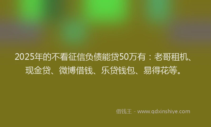 2025年的不看征信负债能贷50万有：老哥租机、现金贷、微博借钱、乐贷钱包、易得花等。