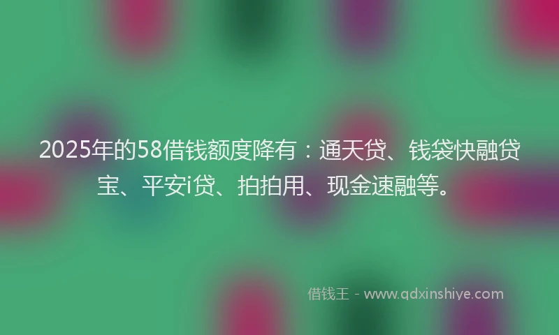 2025年的58借钱额度降有：通天贷、钱袋快融贷宝、平安i贷、拍拍用、现金速融等。