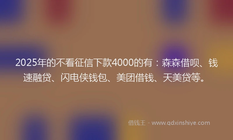 2025年的不看征信下款4000的有：森森借呗、钱速融贷、闪电侠钱包、美团借钱、天美贷等。