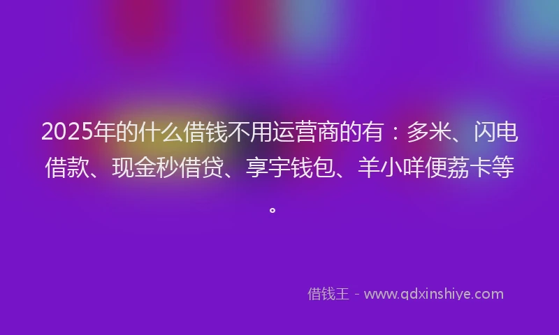 2025年的什么借钱不用运营商的有:多米、闪电借款、现金秒借贷、享宇钱包、羊小咩便荔卡等。