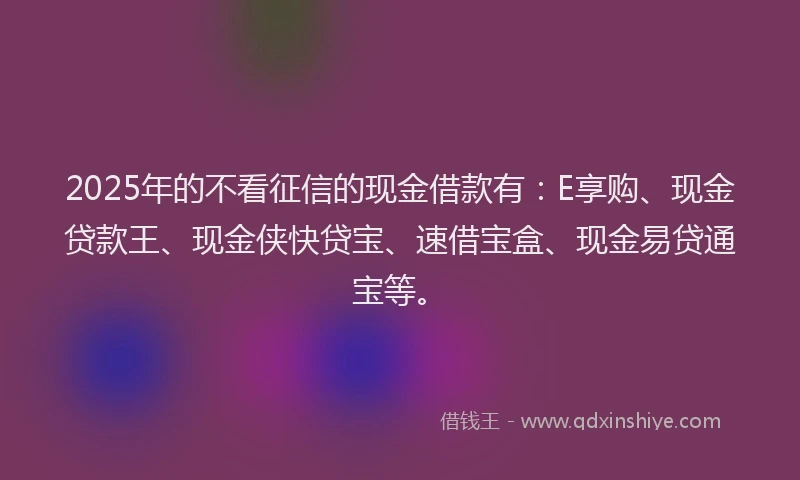 2025年的不看征信的现金借款有：E享购、现金贷款王、现金侠快贷宝、速借宝盒、现金易贷通宝等。