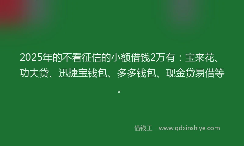 2025年的不看征信的小额借钱2万有：宝来花、功夫贷、迅捷宝钱包、多多钱包、现金贷易借等。