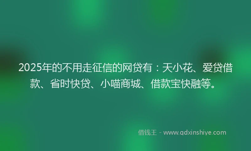 2025年的不用走征信的网贷有：天小花、爱贷借款、省时快贷、小喵商城、借款宝快融等。