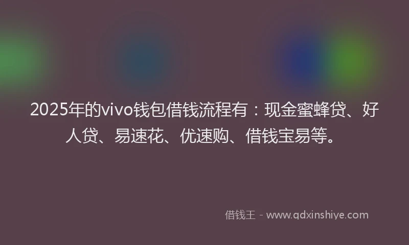 2025年的vivo钱包借钱流程有：现金蜜蜂贷、好人贷、易速花、优速购、借钱宝易等。