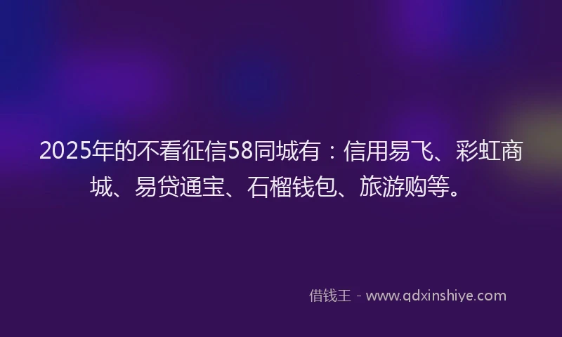 2025年的不看征信58同城有：信用易飞、彩虹商城、易贷通宝、石榴钱包、旅游购等。