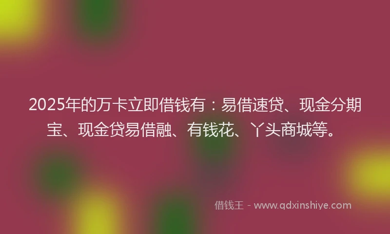 2025年的万卡立即借钱有：易借速贷、现金分期宝、现金贷易借融、有钱花、丫头商城等。