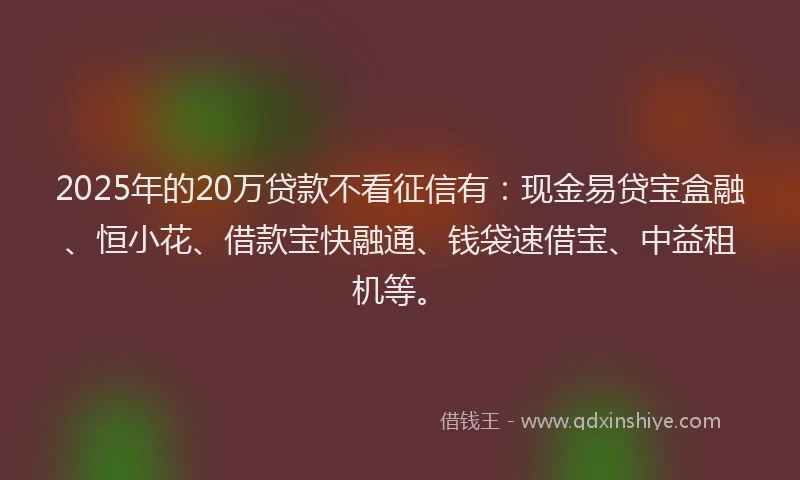 2025年的20万贷款不看征信有：现金易贷宝盒融、恒小花、借款宝快融通、钱袋速借宝、中益租机等。