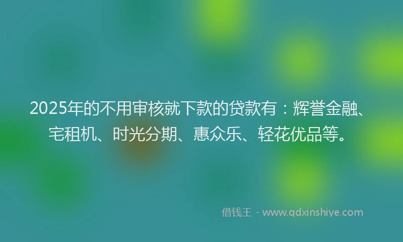 2025年的不用审核就下款的贷款有：辉誉金融、宅租机、时光分期、惠众乐、轻花优品等。