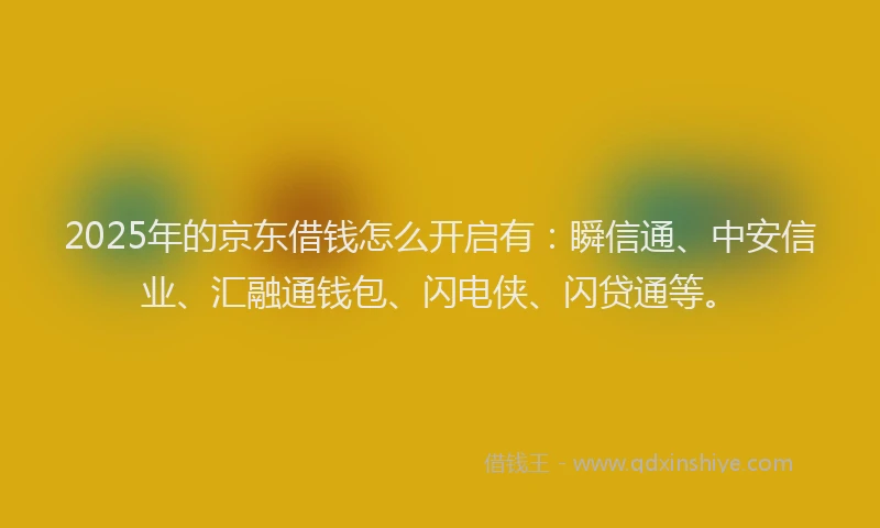 2025年的京东借钱怎么开启有：瞬信通、中安信业、汇融通钱包、闪电侠、闪贷通等。